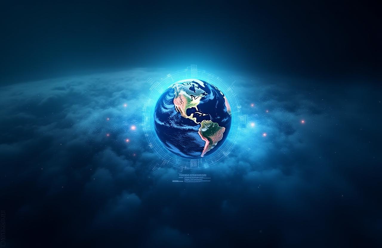 Stylized visualization of global weather patterns and atmospheric data.