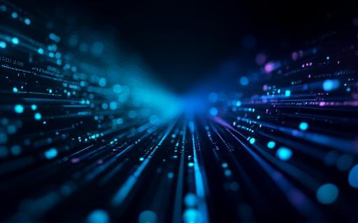 Lines of code and data streams on a dark background.