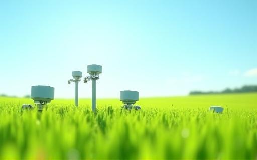 A sensor array in a green field under a clear sky.