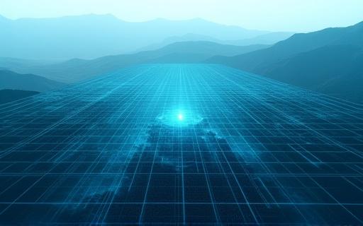 Abstract representation of a weather model grid over a landscape.