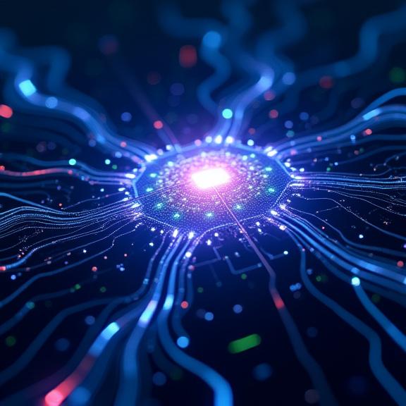 An abstract visualization of complex data streams converging and being processed.