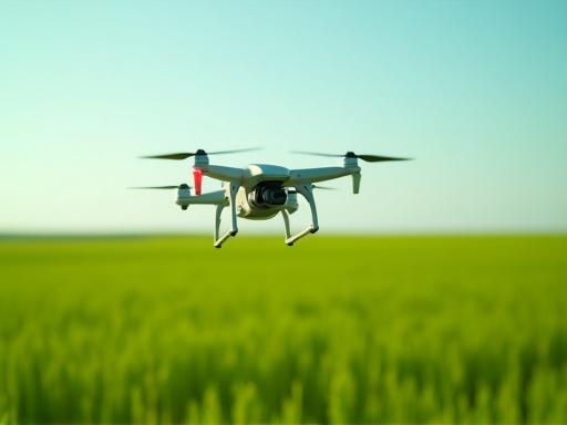 An agricultural drone flying over a vast crop field.