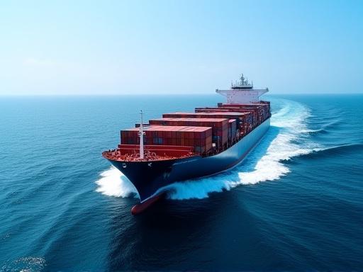 A large container ship navigating the open ocean.